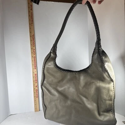 MARGOT 卵石纹皮革大号单肩包托特包 HOBO Whipstitched 军队绿色波西米亚 — 第 1/4 张图片