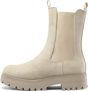 mysoft women's Chelsea Combat Boots Mid Calf Platform Chunky Heel Beige size 9.5 - Picture 1 of 6