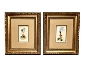 Two Matted Framed Art Prints Tropical Beach Palm Tree Native Haitian 11" x 13" - Picture 1 of 7