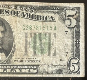 $5 Vintage Chicago Federal Reserve Series 1934A “Fancy” Serial Number G38781515A - Picture 1 of 3