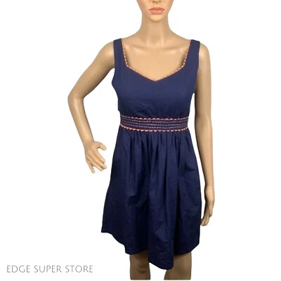 Judith March Navy Cotton Dress Tie Up Back Bow Orange V Neck A Line Dress Medium - Image 1 of 4