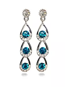 Triple Teal Teardrop Swarovski Elements Crystal Earrings 18K Gold Plated - Picture 1 of 3