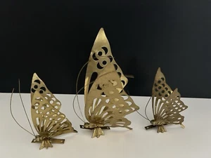 Vtg Set Of 3 Leonard Brass Butterflies w/ Antennas Free Stand or Wall Hang - Picture 1 of 12