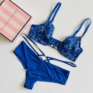36C MEDIUM Victoria’s Secret blue butterfly unlined demi bra set cheeky panties - Picture 1 of 7