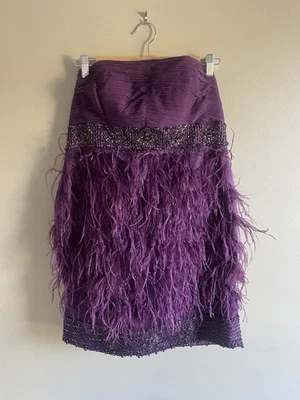Vtg Sue Wong Cocktail Dress 12 Purple Silk Ostrich Feather Beaded Short Gown - Image 1 of 4