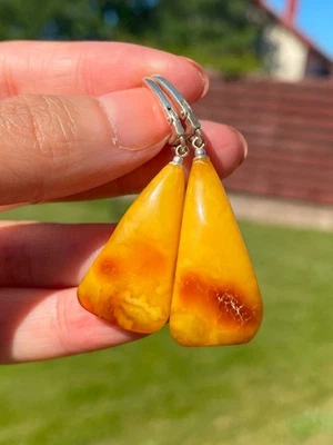 Authentic Baltic Red Skin Yellow Amber Dangle Silver 925 Drop Earrings Gift - Image 1 of 4