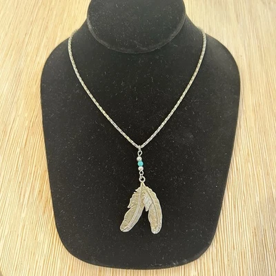 Silver Tone Double Feather Pendant Necklace Faux Turquoise Boho Southwest - Image 1 of 4