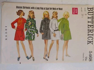 Dress Blouson Shirtwaist Tie Scarf 8 Butterick 5468 Sewing Pattern UC 70's VTG - Image 1 of 4
