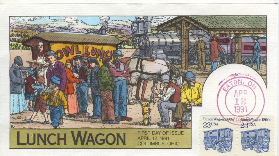 #2464 Lunch Wagon Transportation Series FDC Hand-Pinted Collins color cachet - Image 1 of 1