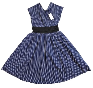 Simple Retro L (14) Cotton Retro NWT Maxi Dress Navy Blue Polka dot Cottagecore - Picture 1 of 15