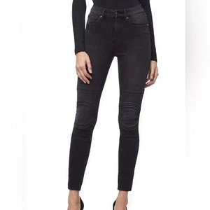 Good American Gr. 24 gute Taille schwarz Skinny Jeans Reißverschluss Hosenschlitz Kordeldetail Knie Motorrad - Bild 1 von 12