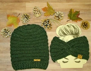 2 For One Price! Emerald Green Slouchy Hat + Twist Headband Beanie Boho Women's - Picture 1 of 3