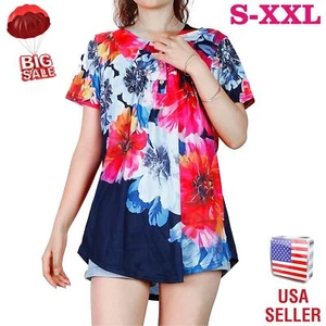 Women Summer T Shirt Tops Loose Short Sleeve Casual Floral Printed Blouse S-XXL - Picture 1 of 23