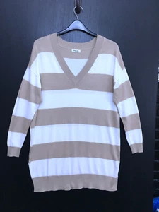 Simply Be Ladies Beige & Cream Striped Long Line V Neck Jumper Size 12 - 14 - Picture 1 of 6