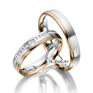 14K TWO TONE GOLD WEDDING BANDS, HIS & HERS DIAMOND WEDDING RINGS SET - Picture 1 of 1