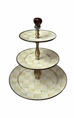 Mackenzie-Childs Pergamino Check 3 Niveles Dulce Soporte RETIRADO Acabados Aqua Raro Foto 1 de 3