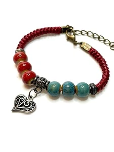 Red Turquoise Macrame bracelet silver heart charm ceramic beads blue - Picture 1 of 2