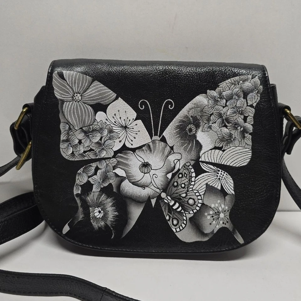 Bolso Bandolera Anna By Anuschka Mariposa Pintado a Mano Cuero Negro Sillín Solapa Foto 1 de 4