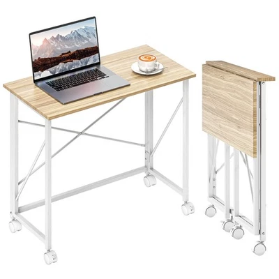 HOMCOM Folding Desk on Wheels, Writing Table for Home Office, Natural - Image 1 of 4