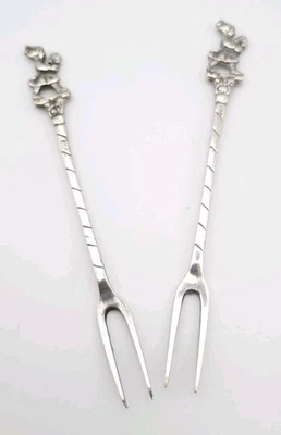 Vintage 800 Silver Pickle Forks With Girl Flowers Finials X 2 Pair Olives  - Image 1 of 4