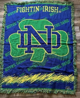 Vintage Notre Dame Fighting Irish NCAA Woven Tapestry Throw Blanket 54x42” USA - Image 1 of 4