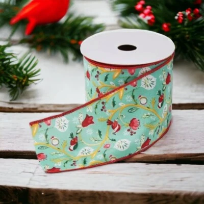 The Pioneer Woman Holiday Wired Ribbon Decorative Red Teal Bird Ogee Christmas - Image 1 of 4