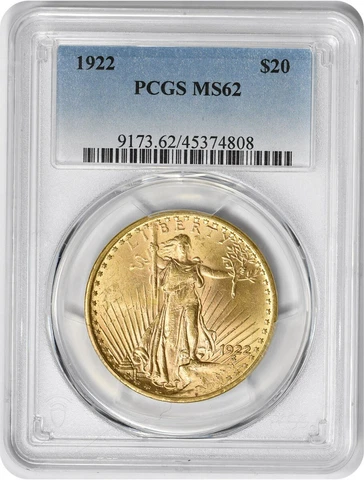 1922 $20 Gold St. Gaudens MS62 PCGS Cover