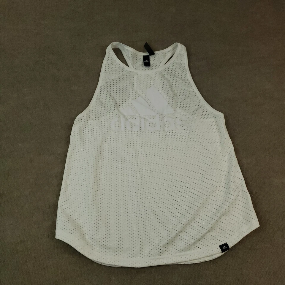 Camiseta sin mangas Adidas para mujer grande blanca elástica espalda deportiva correr yoga malla Foto 1 de 4
