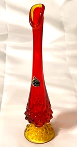 Vintage FENTON 10" Amberina Red & Yellow Hobnail Print Swung Pedestal Bud Vase - Picture 1 of 6