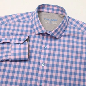 Twillory Hemd Herren 18 36-37 Rosa Blau Gingham Performance Dress Knopfleiste - Bild 1 von 10