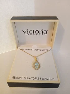 NEW Victoria Townsend Genuine Aqua Topaz & Diamond Necklace 18kt. over 925 STERL - Picture 1 of 10