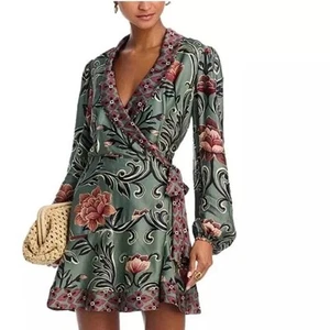 Farm Rio Size Large L Green Arabesque Floral Long Sleeve Wrap Mini Dress NWT - Picture 1 of 14