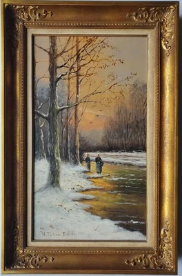 Gemälde Öl Landschaft Winter Personen Wald Peters Signiert Düsseldorf - Bild 1 von 4