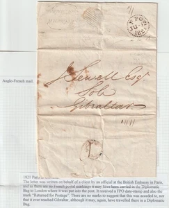 1821 BRITISH EMBASSY PARIS TO GIBRALTAR LETTER VIA LONDON 'RETURNED FOR POSTAGE' - Picture 1 of 4