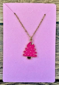 Stainless Steel Gold Cable Chain Necklace 17.75" Hot Pink Christmas Tree Holiday - Picture 1 of 1