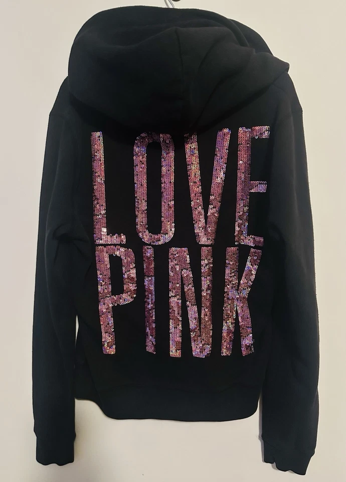 Victoria’s Secret Rosa Vintage Negro Púrpura Lentejuelas Bling Sudadera con Capucha M Foto 1 de 3