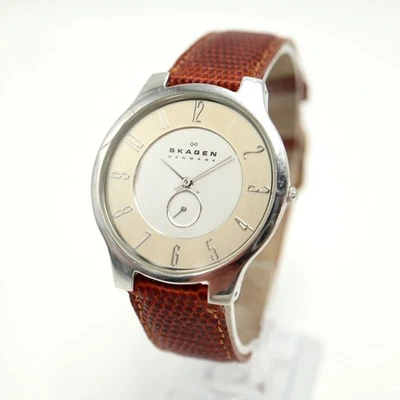 Skagen Men Two Tone Slim Swiss Parts 38mm Watch Brown Lizard Leather New Battery - Image 1 of 4