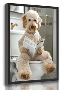 Funny Bathroom Dog Canvas Wall Art Humor Goldendoodle Sitting on Toilet Readi... - Picture 1 of 6