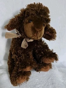 Russ Berrie LAMBERT Lamb Sheep Chocolate Brown Shaggy Plush Gingham Bow 27335 - Picture 1 of 9