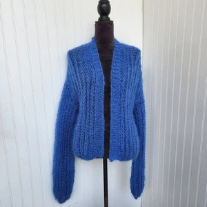 Handmade Fuzzy Mohair Wool Cardigan Sweater Women's Blue Dropped Shoulder  Sz M - Picture 1 of 12