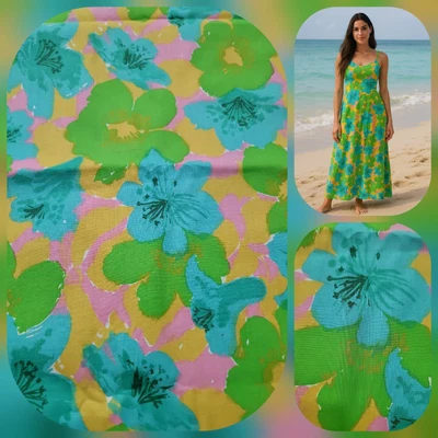 VTG 60s Mod Floral Cotton Fabric 4 Yards x 36” Bright Aqua Lime Pink Print/Mid C - Image 1 of 4