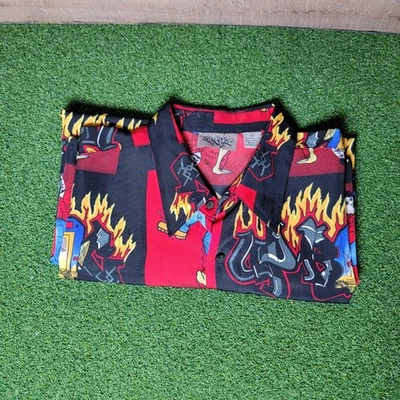 Up Roar Graphic Button Up Shirt Short Sleeve Fire Print Black Red XXL - Image 1 of 4