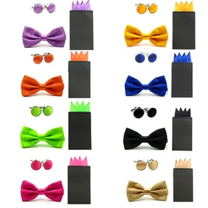 Men Solid Bow Ties Pre-folded Handkerchief Pocket Square Cufflinks Set BWT040 - Picture 1 of 16