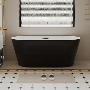59" Freestanding Acrylic Bathtub, Black Soaking Tub with Overflow, Pop-Up Drain - Picture 1 of 10