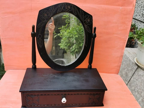 OLD ANTIQUE PRIMITIVE WOODEN HAND MADE DRAW CABINET MIRROR TOILET LOCKER make up Cover