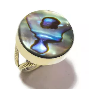 Paua Abalone Shell Round Gemstone Silver Overlay Handmade Statement Rare Ring-8 - Picture 1 of 2