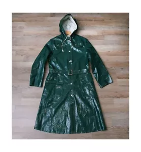 Vintage 1960s Helly Hansen PVC Shiny Green Belted Raincoat Rare Rain Coat 14 XS - Picture 1 of 7