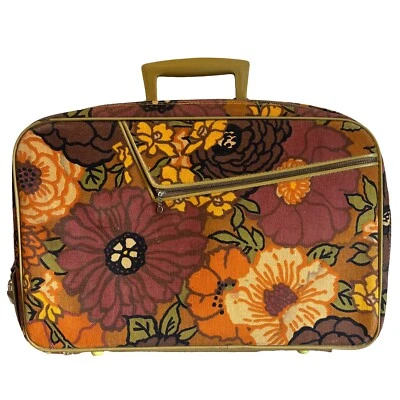 MALETA EQUIPAJE FLOWER POWER VINTAGE AÑOS 60 70 FLORES BOHO HIPPIE MARRÓN/NARANJA Foto 1 de 4