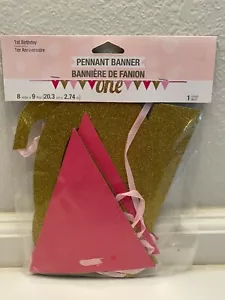 BABY 1ST FIRST BIRTHDAY ONE Pink/Gold PENNANT BANNER PARTY DECORATION 8in x 9Ft - Picture 1 of 3