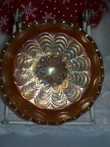 FENTON MARIGOLD CARNIVAL GALSS FOOTED SHERBET CRACKLE PEACOCK TAIL C.1910 - Picture 1 of 3